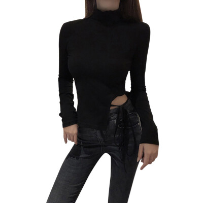 

Sexy Women Tops Chic T-shirt Bodycon Long Sleeve Hollow Lace Up Solid Color Turtleneck Slim Tee tshirt