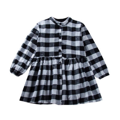 

Spring Plaid Girls Casual Long Sleeve Dress Button Lapel Children Clothes