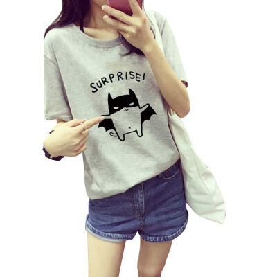 

Print Women Summer Casual T-Shirt Lovely O-Neck Bat Printed Short Sleeve Tops Fashion