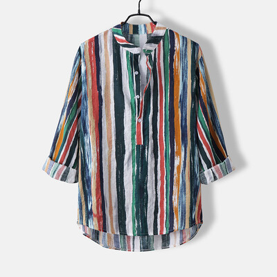 

Toponeto Fahion Mens Printed Lump Long Sleeve Round Hem Loose Shirts Blouse Top
