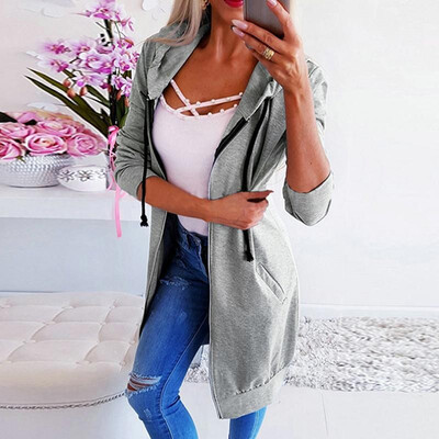 

Fashion Women Autumn Solid Color Longline Hoodie Hooded Long Sleeve Drawstring Pocket Zipper Casual Cardigan Coat Outerwear