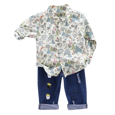 

Autumn Children Baby Boys Casual Long Sleeve Floral Pattern Shirt TopsDenim Pants Set