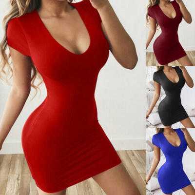 

AU Stock Women Sexy V-Neck Short Sleeve Solid Mini Bodycon Dress Club Dresses