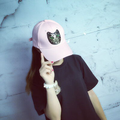 

SpringSummer baseball cap ladies street hip-hop hat Korean cartoon cat sequins plastered with stylish cap