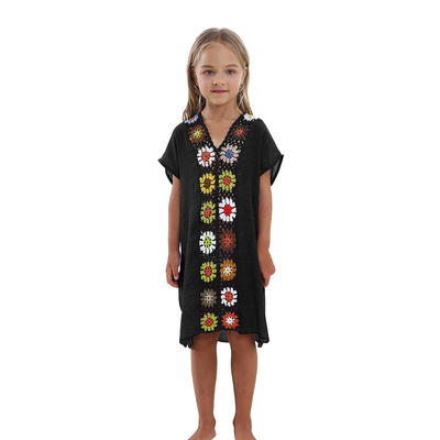 

Kids Girls Fashion Loose Hollowed-Out Crochet Flowers V-Neck Beach Dress