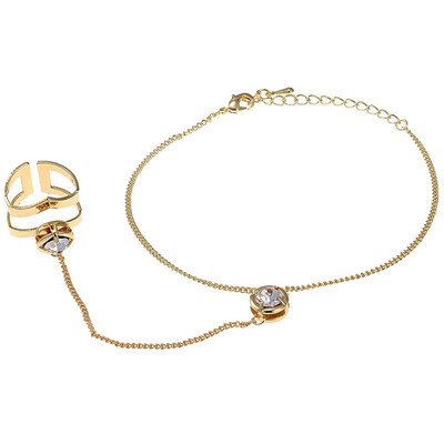 

Fashion Women Rhinestone Crystal Gold Color Geometry Finger Ring Bracelet Ring Bracelet Punk