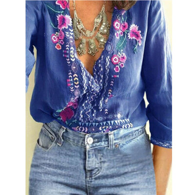 

Women T-Shirt Embroidered Flowers Tee Deep V-Neck Long Sleeve Shirts Top Blouse