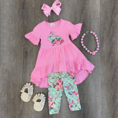 

US STOCK Easter Kids Baby Girl Outfit Clothes T-shirt Long Tops DressPants Set