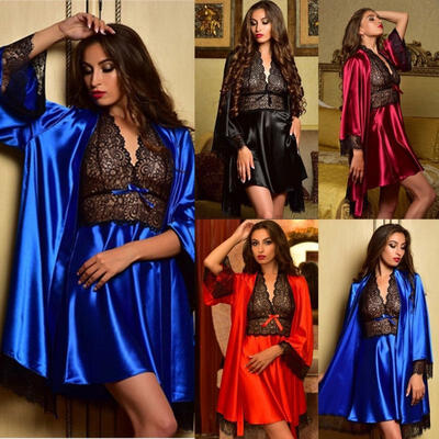 

2Pcs Womens Satin Silk Lace Robe Dress Gown Kimono Bridal Wedding Nightdress Sleepwear Set Tag S Black