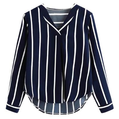 

Nomeni Women Casual Autumn Long Sleeve V Neck Irregular Stripe Shirt Blouse