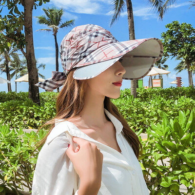 

Spring&summer plaid retractable pull-plate cap baseball cap with outdoor riding hat womens sun protection empty top hat