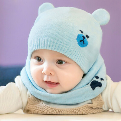 

Autumn And Winter Soft Cute Embroidered Bear Knitting Wool HatsScarfs Set Kids Baby Warm Beanie Cap Hat