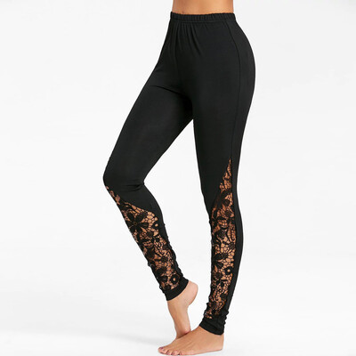 

Women Lace Sexy Black Solid Strechy Elastic High Waist Pants Trousers Jogging