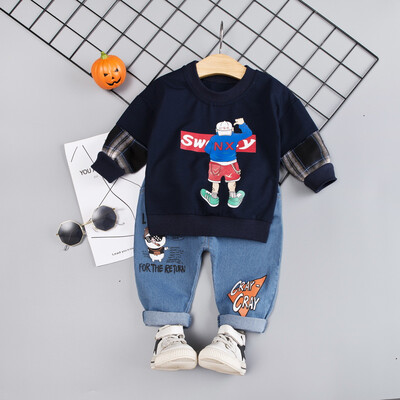 

Autumn Baby Boys Long Sleeve Cartoon Print Sweatshirt TopsDenim Pants Trouser Costume Set