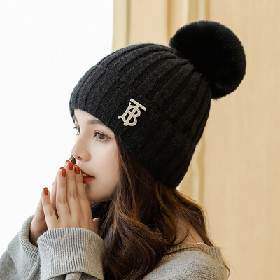 

Hat women fallwinter Korean version of wool ball wool lettering thickened thermal head cap solid color outdoor knit cap wholesale