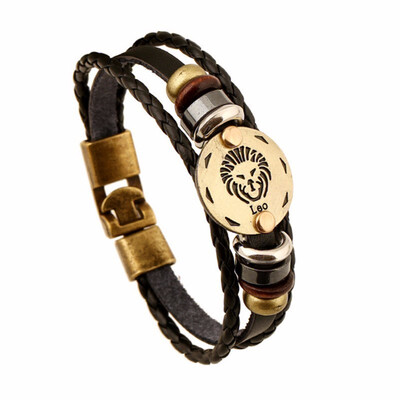 

Fashionable Bronze Alloy Buckles Zodiac Signs Bracelet Punk Leather Bracelet Wooden Bead & Black Hematite Lover Charm Jewelry
