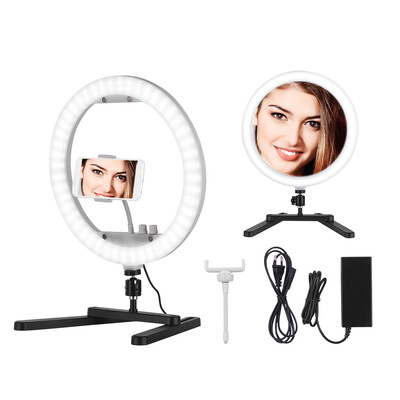 

13 Inch Selfie Desktop LED Ring Light 30W Stepless Dimmable Fill Light 3200K-5600K with Mirror Table Bracket Phone Holder Lighting