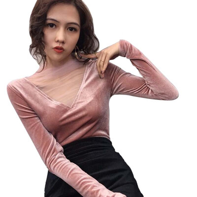 

Women Sexy V Neck T Shirt Mesh Stitching Long Sleeve T-Shirt Korean Style Solid Top