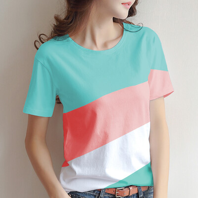 

Hongxingerke Contrast T-shirt Womens Summer Round Neck Short Sleeve Loose Letter Fashion Thin Korean Sports Jacket