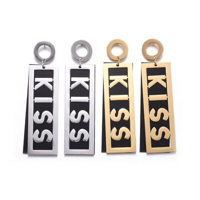 

304 Stainless Steel Stud Earrings with Plastic Rectangle with Word KISS Mixed Color 63mm Pin 07mm