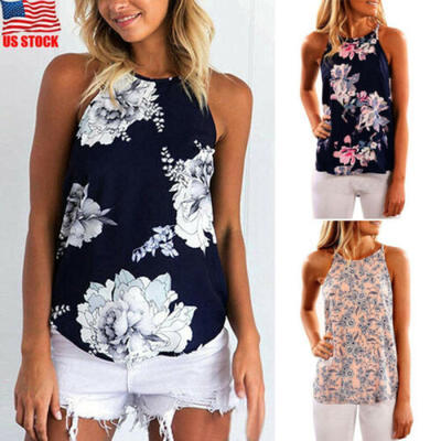 

Women Casual Flower Shirt Blouse Summer Sleeveless Vest Tank Top T-Shirt Tee USA