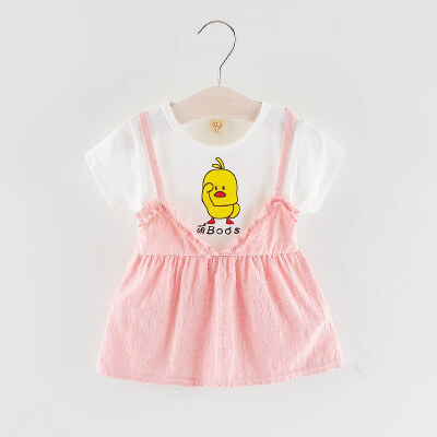 

Summer Baby Girl Dress Princess Fake 2 Piece Toddler Animal Duck Pattern Short Sleeve Cotton Cute Dress Fashion