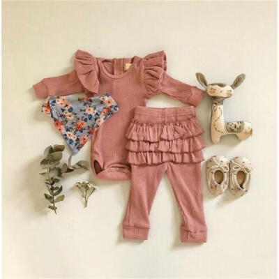 

3PCS Baby Girl Newborn Clothes Outfit Romper Ruffle Long Pants Trousers Headband