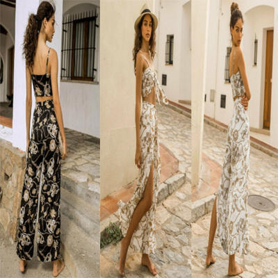 

Summer Women Ladies Bandage Floral Crop Tops Long Split Pant 2pcs Set