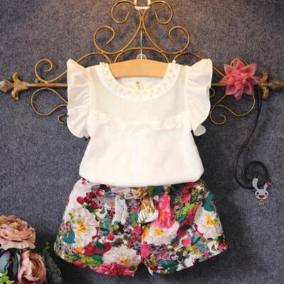 

Baby Children Girls Clothes Short sleeve Floral TopsPants Sets Outfits 2-7T New