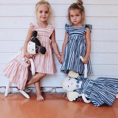 

Fashion Newborn Baby Girls Sister Matching Clothes Striped Dress Party Dresses Casual Sundress