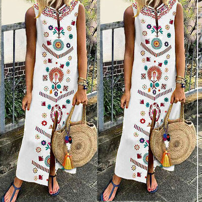 

New Womens Sleeveless Boho Print Party Casual Maxi Dress Long Dresses Summer