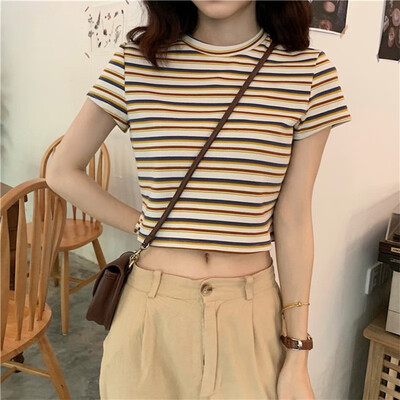 

Girls Short T-Shirt Slim Short T-Shirt Loose Wild Color Striped T-Shirt Summer Small Fresh Short Sleeve T-Shirt