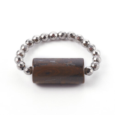 

Natural Tiger Eye Stretch Rings with Electroplate Non-magnetic Synthetic Hematite Beads Column 23mm