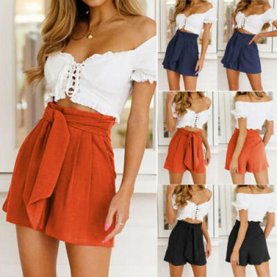 

New Casual Womens High Waisted Tie Belt Shorts Ladies Summer Holiday Pants UK