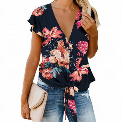 

Printed shirt Womens V-neck short-sleeved button knotted vest top