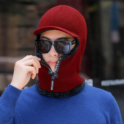 

New Men Winter Beanies Skullies Wool Knitted Cap Mask Plush Pocket Hat Thick Warm Unisex Snow Cap