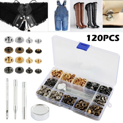 

120 Sets Snap Fastener Kit Leather Snap Buttons Press Studs with 4PCS Fixing Tools Metal Snaps for Clothing