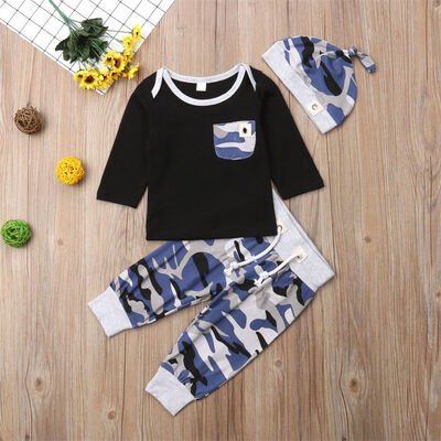 

Newborn Infant Baby Boy 3pcs Clothes Camouflage Top Long Pants Hat Outfits Set