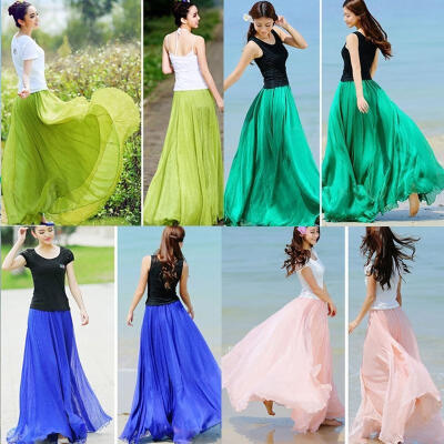 

Women Candy Color Summer Chiffon Pleated Long Maxi Dress Elastic Waist Skirt