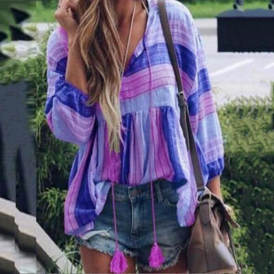 

Womens V-Neck Tops Casual T-Shirt Loose Long Sleeve Striped Blouse Boho Tops