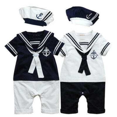 

USA Toddler Baby Boys Sailor Costume Toddler Bodysuit Outfits Romper ClothesHat