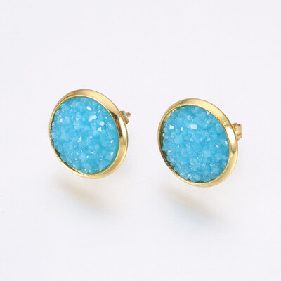 

Resin Stud Earrings with Golden Tone 304 Stainless Steel Findings Flat Round Druzy Resin DeepSkyBlue 14515mm Pin 07mm