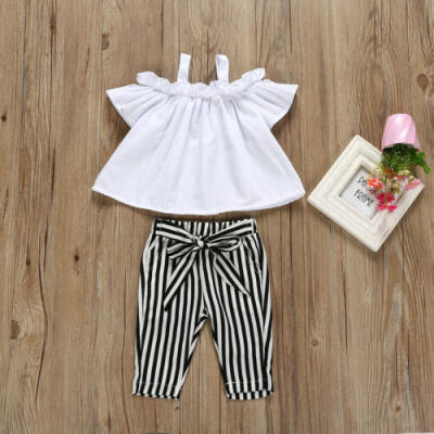 

Fashion Baby Girl Bowknot Strap Vest Crop Top Striped Pants Outfit Clothes Sets