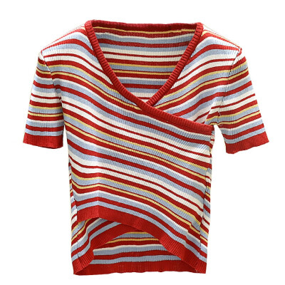 

Stripes T-Shirt Womens Cross V Collar T Shirts Summer Short Sleeve Clothes Women Knitted Slim Tshirt Casual Top Tees For Female