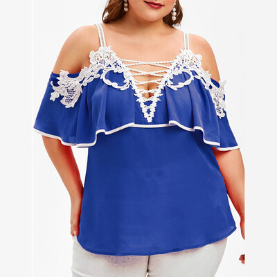 

Nomeni Large Size Women Off Shoulder Lace Short Sleeve V Neck Shirt Tops Blouse