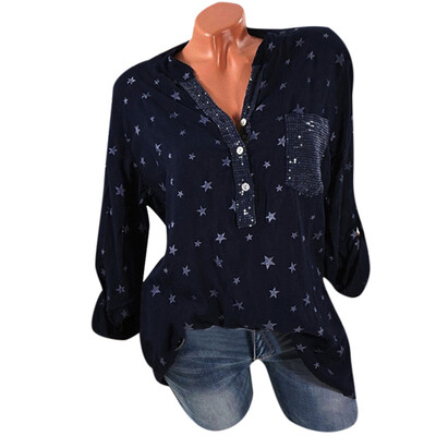 

Nomeni Womens Casual Stars Print V-Neck Baggy T-shirt Tees Blouse Tops Plus Size