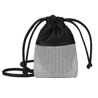 

Women Rhinestone Faux Leather Patchwork Drawstring Small Crossbody Pouch Bag