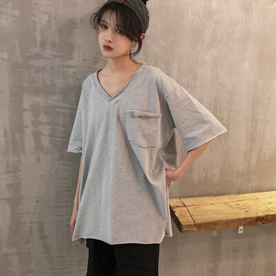 

Casual Simple Solid Color T-Shirt Summer New Pocket Side Slit Loose Pullover Fashion T Shirt Women V Neck Half Sleeve Tops