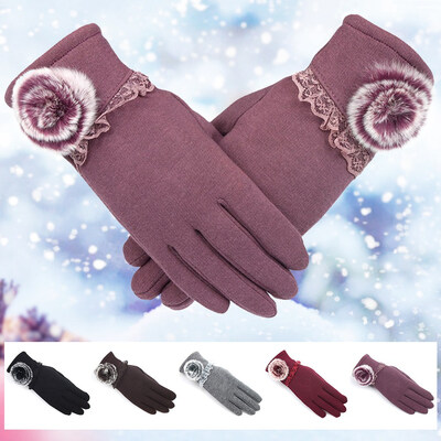 

Ladies Winter Touch Screen Thermal Winter Gloves Woolen Ball Gloves Velvet Ladies Wrist Mittens Driving Cycling
