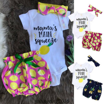 

Newborn Kids Baby Girl Romper Tops Short Pants Headband 3Pcs Outfits Set Clothes